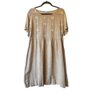 Terzo Millennio 100% Linen dress M Natural Ivory Cream Short sleeves Round neck